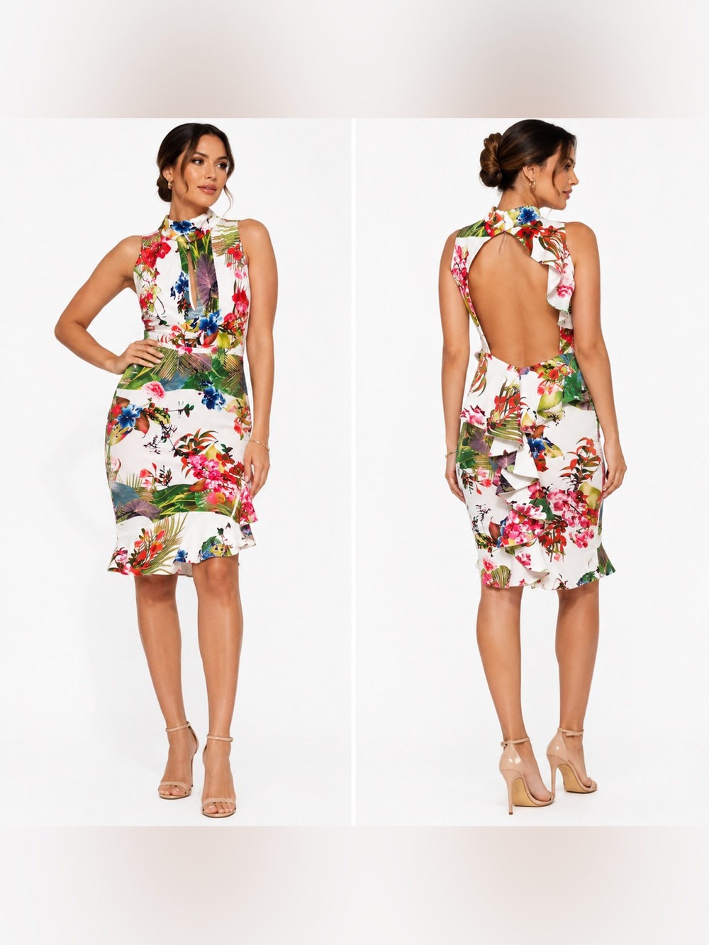 CQbyCQ Tropical Floral Open Back Bodycon Ruffle Midi Dress Multicolor Large